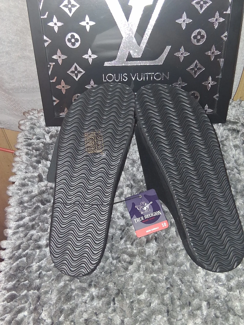 True Religion Black Suede Slide Sandals with Gold Logo Accent